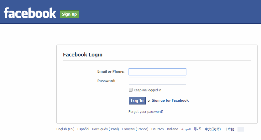 Facebook login form